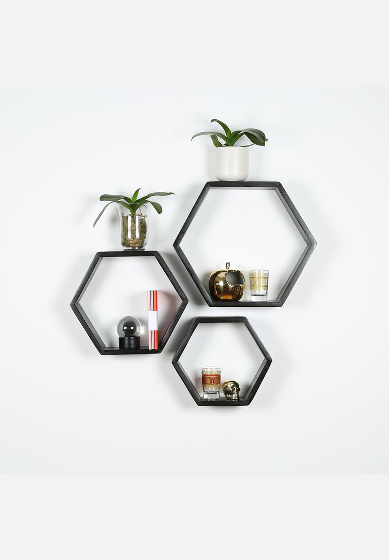Hexagon Shelf Set of 3 - Black B&K Design and Decor Shelves ...