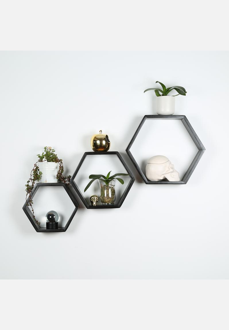 Hexagon Shelf Set of 3 - Black B&K Design and Decor Shelves ...