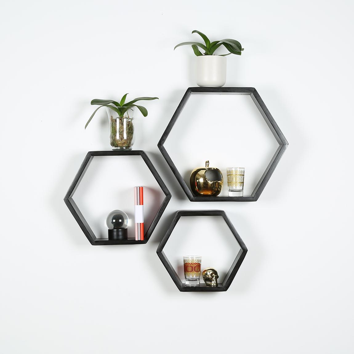 Hexagon Shelf Set of 3 Black B&K Design and Decor Shelves